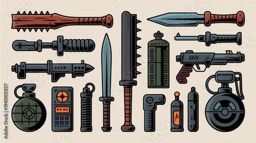Collection of various weapons and military tools on beige background