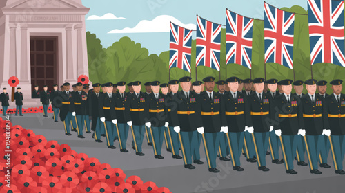 British soldiers marching with flags and poppies on remembrance day commemorating war veterans with a building and trees in background