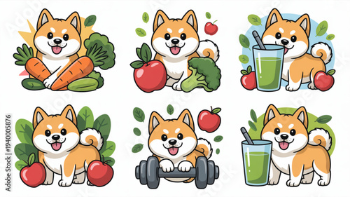 Shiba inu dogs promoting healthy lifestyle with vegetables and fruits