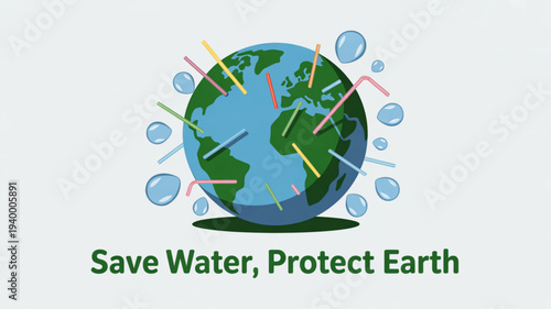 Earth with colorful lines and water droplets save water protect earth eco friendly message