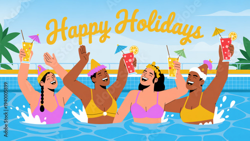 Diverse women in bikinis enjoying happy holidays in a swimming pool with cocktails
