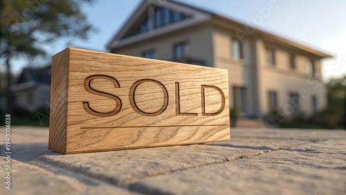 Wooden sold sign on stone driveway in front of house