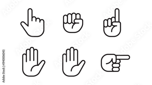 Hand gesture icons set with simple black line art depictions of pointing fingers, open palms, and fists