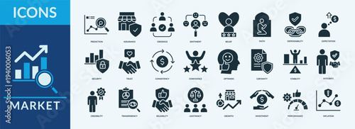 Market - Icon Collection. Thin Glyph Solid Set contains such Icons as expectation, security, trust and more. Simple web icons set