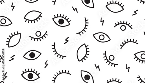 Eyes and lightning bolts doodle pattern with black lines on a white background, abstract graphic elements.