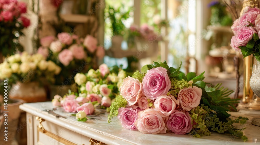 Obraz premium Florist arranges pink roses and greenery on a table in a boutique filled with flowers and warm daylight during the day.