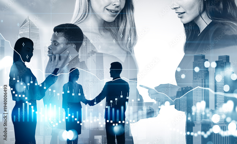 © ImageFlow - Business people with market charts in a creative composite style on a cityscape background, illustrating a future finance and trading concept