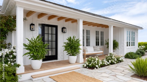 Modern white farmhouse exterior with inviting porch