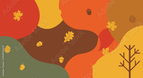 Colorful autumn-themed abstract with leaves, acorns, and a bare tree