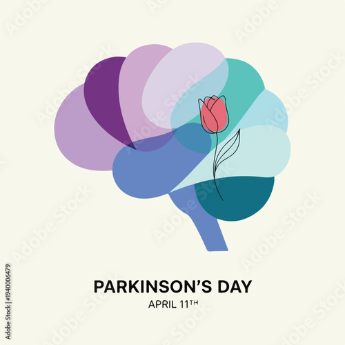 Colorful brain image with a flower, representing Parkinson's Day
