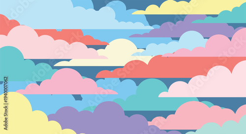 Colorful, cartoon style cloudscape with pastel, overlapping shapes