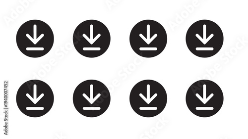 Download icons in a circular black shape with white arrows pointing down towards a horizontal line. featuring upload icon, import icon, export icon