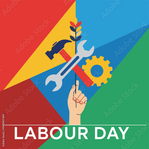 Colorful celebration of labor featuring tools and a hand, geometric background