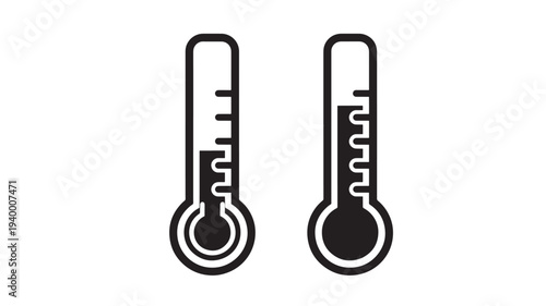 Thermometers showing different temperature readings with black outlines against a white background featuring thermometer, weather, measurement with