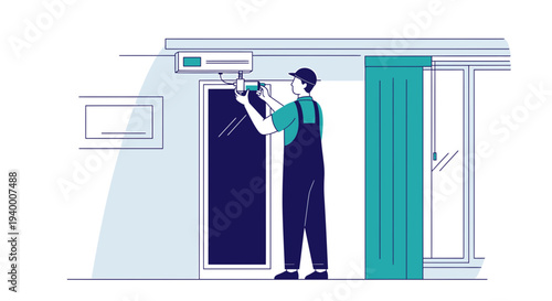 Air conditioner installation technician working on indoor unit, home repair service
