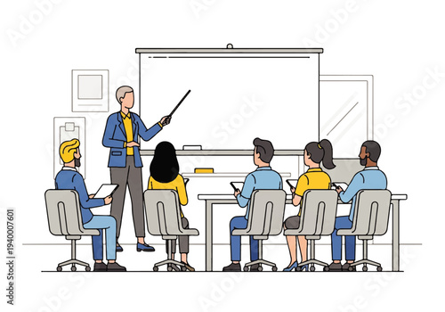 Teacher instructing students in a classroom setting.