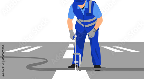 Airport worker painting runway lines with precision equipment