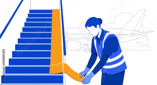 Airport worker secures mobile stairs to airplane with orange safety barrier