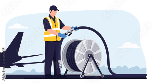 Airport worker refueling airplane with hose from large reel on tarmac