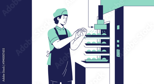 Baker preparing dough near industrial oven, professional bakery, food production