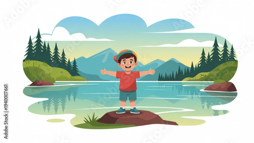 Cartoon boy standing on a rock in a serene lake surrounded by mountains and trees enjoying nature with arms outstretched
