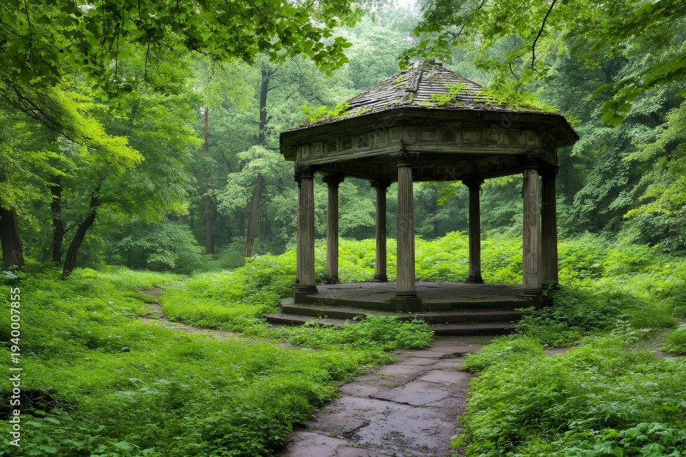Naklejka premium Ancient stone gazebo standing in lush green forest