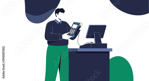 Cashier using payment terminal at counter, customer service, transaction, retail, modern technology