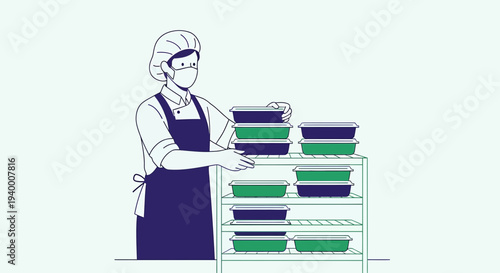 Catering worker in mask and apron arranging food containers on a rack