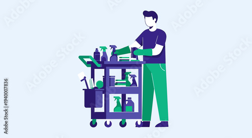 Cleaner with cart full of cleaning supplies, ready for work, hygiene concept