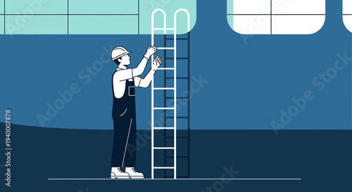 Construction worker climbing ladder on industrial site, safety and hard work concept
