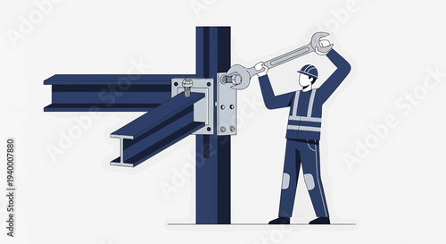 Construction worker assembling steel beams with wrench, industrial building structure