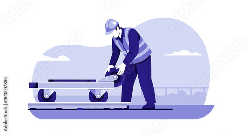 Construction worker cutting metal beam with circular saw on building site, industrial safety