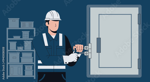 Construction worker in hard hat securing a large metal door with a lock