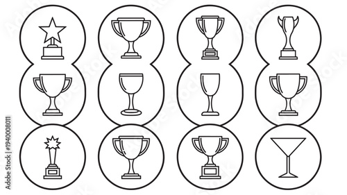 Trophies icon set with different award shapes and celebratory symbols, perfect for achievement recognition.