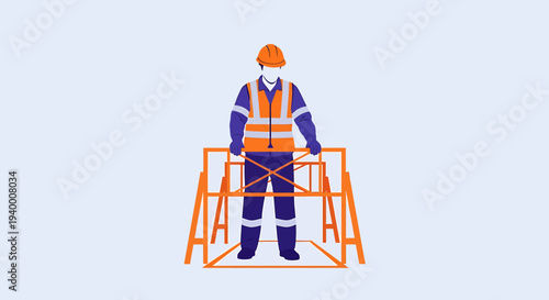 Construction worker in safety gear standing on scaffolding platform, industrial safety concept