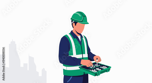 Construction worker in hard hat and safety vest sorts small parts in a toolbox