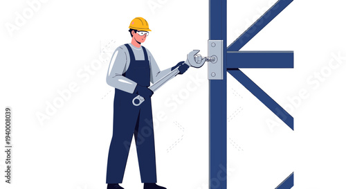 Construction worker in hard hat tightening bolts on steel structure with wrench