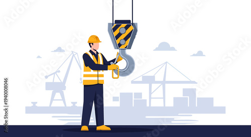 Construction worker in safety vest and hard hat operating a crane hook at a port
