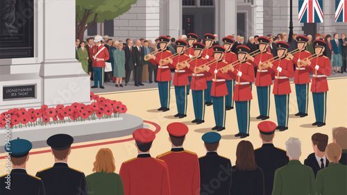 Soldiers in red uniforms playing trumpets at memorial with crowd and british flag