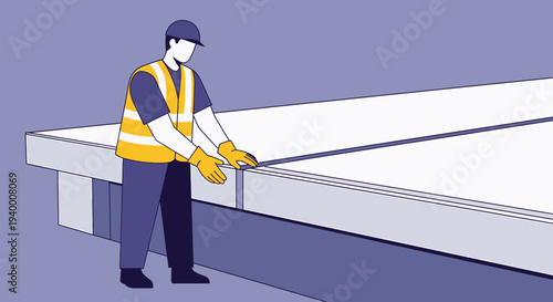 Construction worker in safety vest and hard hat inspecting concrete slab