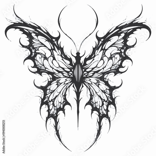 Intricate Gothic Butterfly Tattoo Design with Tribal Elements, Vector Illustration