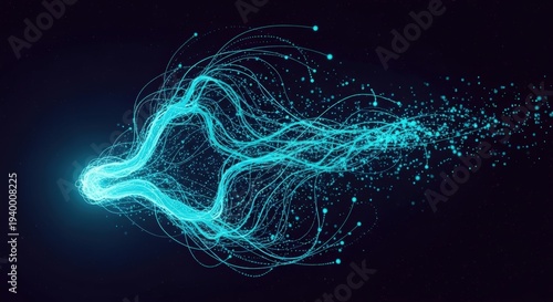 Abstract glowing blue energy stream with particle trails expanding against a dark background, representing data flow or technological concepts.