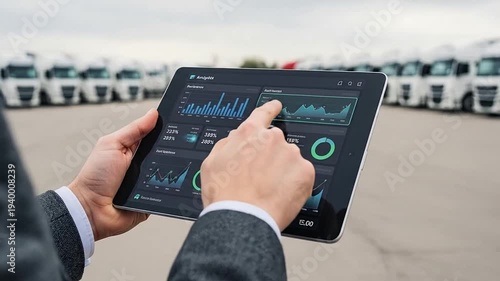 Business analytics on tablet displayed in dealership lot.