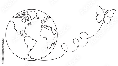 Earth and a butterfly flying with a curved line, drawn with a single continuous line, symbolizing global connection and freedom.