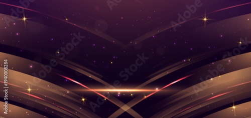 Luxury purple and gold abstract wave background with sparkling stars.