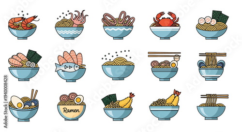 Japanese Ramen Noodle Soup Icons Set with Seafood and Toppings Flat Vector Illustration