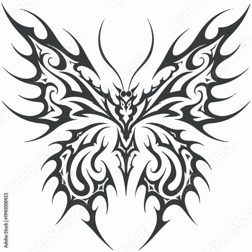 Intricate Black Tribal Butterfly Vector Art with Elegant Stylized Wings and Abstract Swirl Patterns, Perfect for Tattoo Design or Decorative Graphic Element