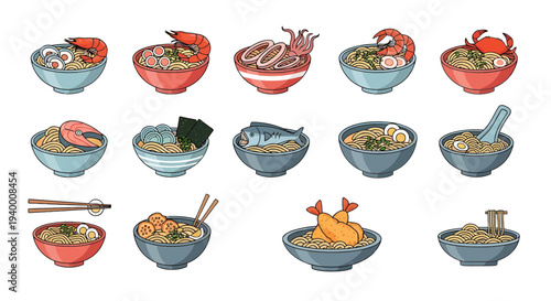 Japanese Ramen and Noodle Soup Bowls with Seafood Toppings Vector Set