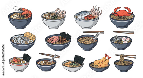 Set of seafood ramen noodle soup bowls with shrimp, crab, salmon, and squid illustrations isolated on white background