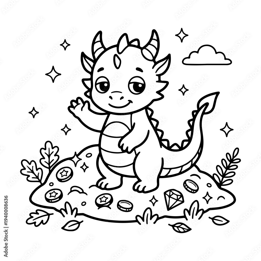 Fototapeta premium Cute Sleeping Baby Dragon Coloring Page for Kids Fantasy Cartoon Line Art Illustration